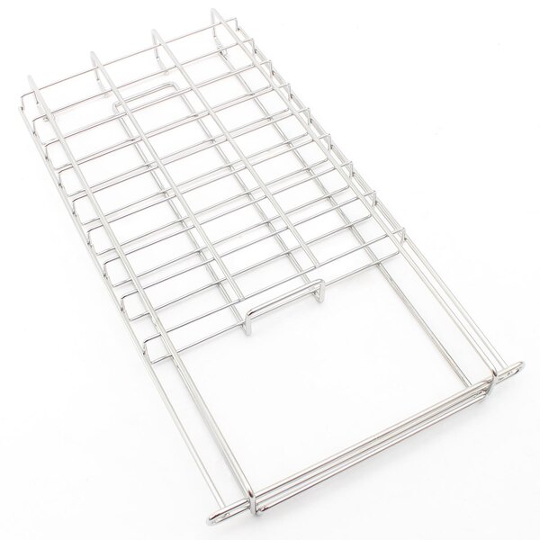 A metal basket with a grid of square holes and metal rods as a handle.