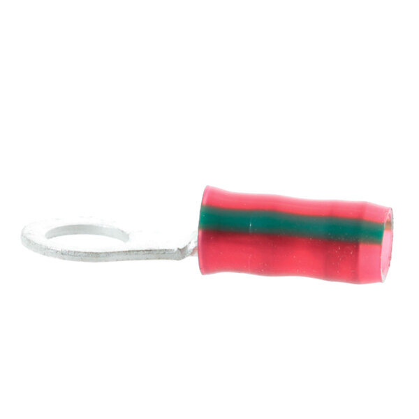 A red and green electrical pin with a small metal clip.