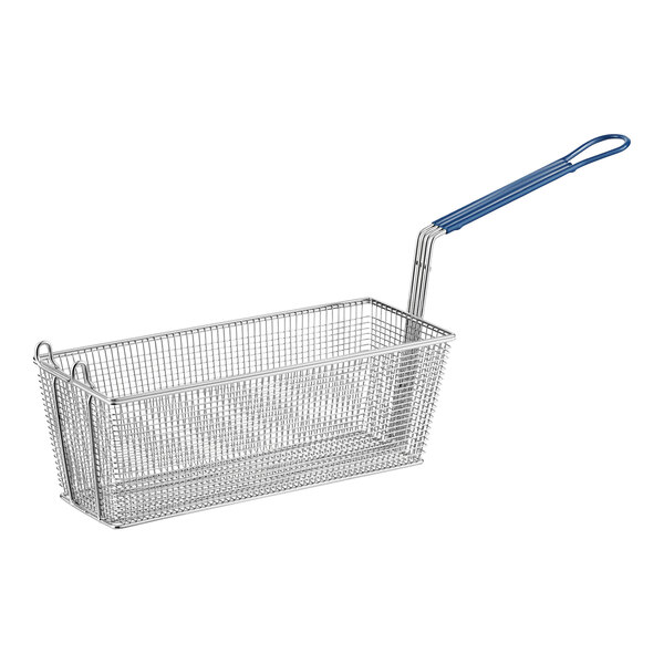 A Pitco wire fry basket with a blue handle.