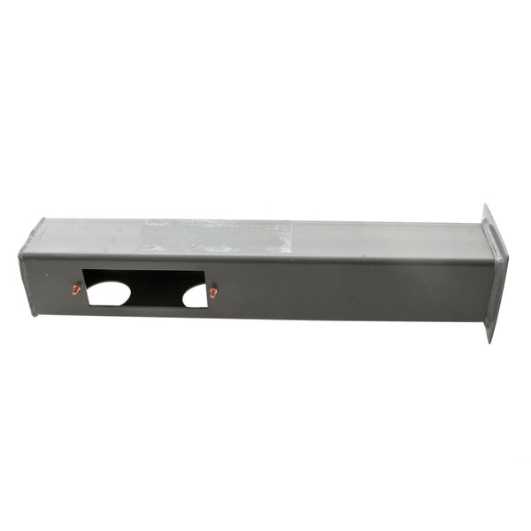 A metal rectangular tube with holes on one end.