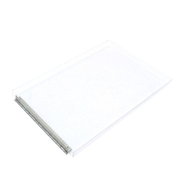 A white rectangular lid with a clear plastic window and metal hinge.