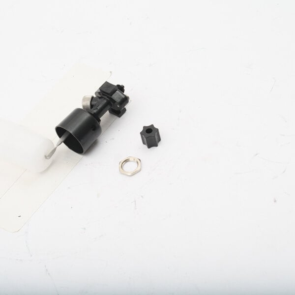 A black plastic Manitowoc Ice float valve with a black nut.