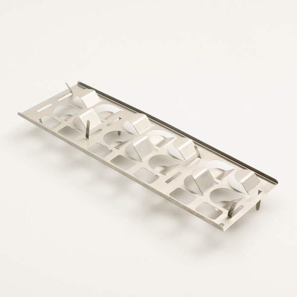 A metal tray with several holes, the Pitco A1007402 Tube Baffle.