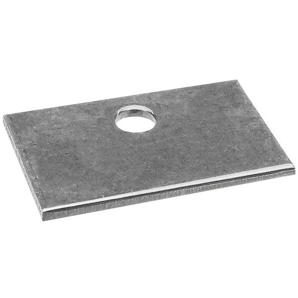 A rectangular metal retainer magnet with a hole in the middle.