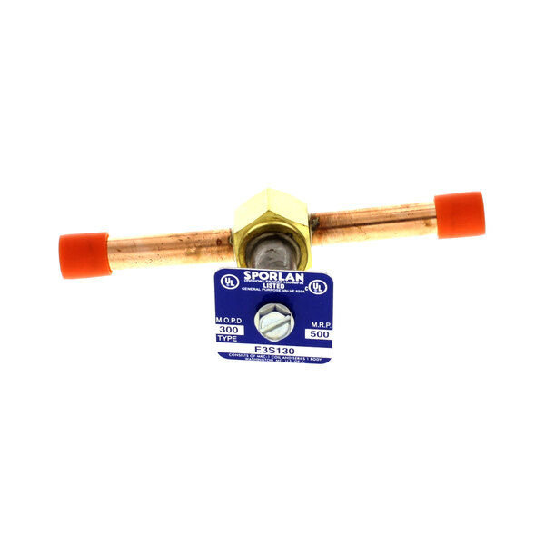 A True Refrigeration solenoid valve with a red handle and a yellow label.