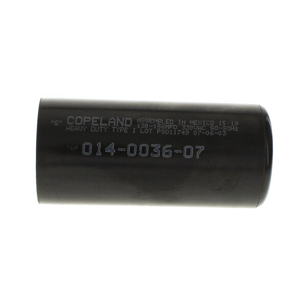 A black cylindrical True Refrigeration start capacitor with white text.