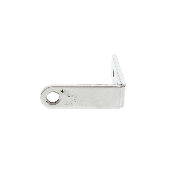 A metal bracket with a hole on a white background.
