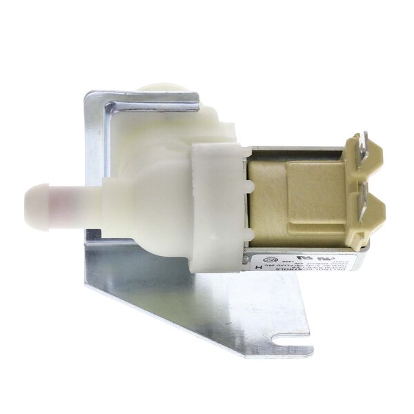 A Grindmaster-Cecilware white plastic water valve with a metal corner.