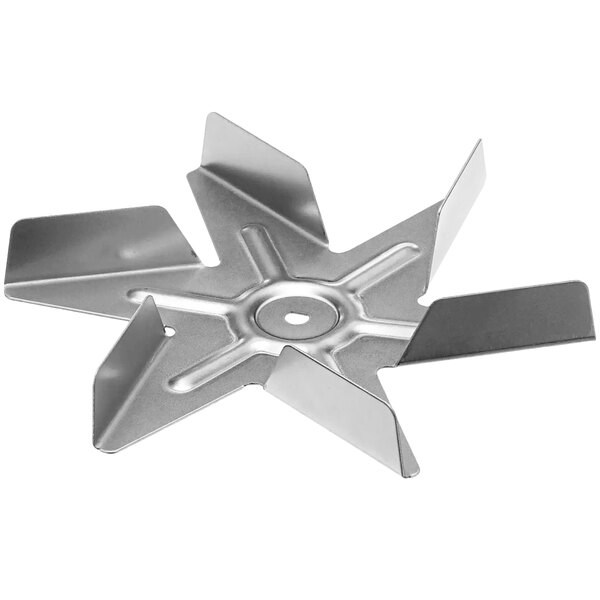 A silver metal American Range fan blade with a star shaped metal center.