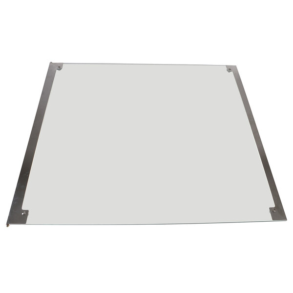 A white square glass with metal hinges.
