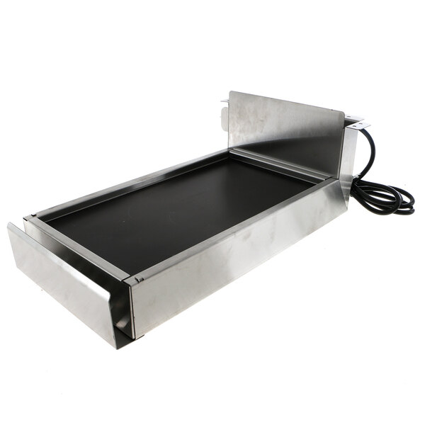 A metal rectangular grill with a black surface inside a metal frame.