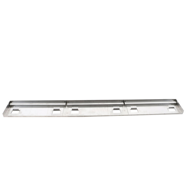 A stainless steel Pitco top deck shelf with two holes.
