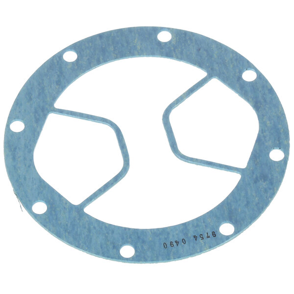 A circular blue Stero motor flange gasket with holes in it.