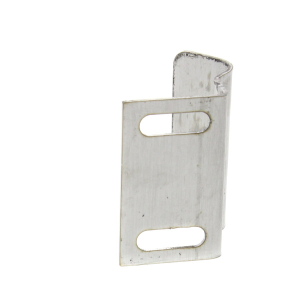 A metal bracket with a rectangular hole in it.