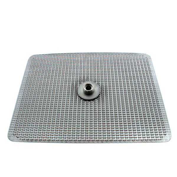 A stainless steel square metal object with a hole in it.