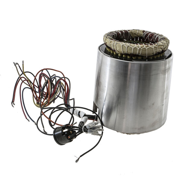 A round metal stator with wires.