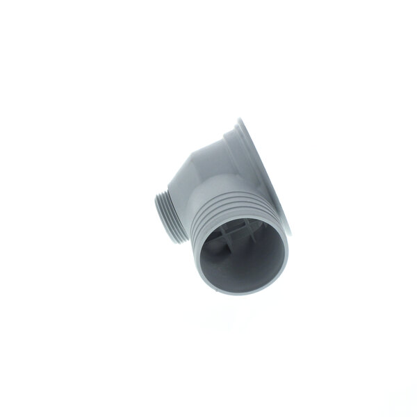 A close-up of a grey plastic Champion elbow with a hole on a white background.
