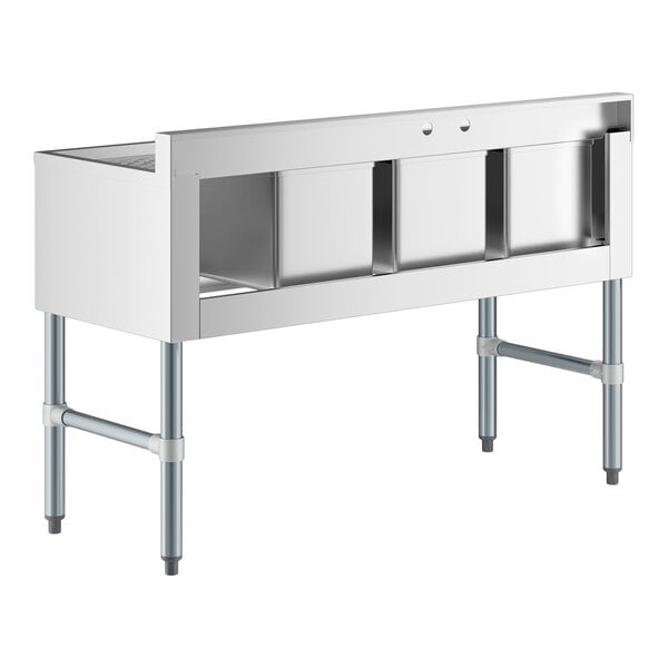 A stainless steel three-compartment sink with a right-side drainboard and four sturdy legs.