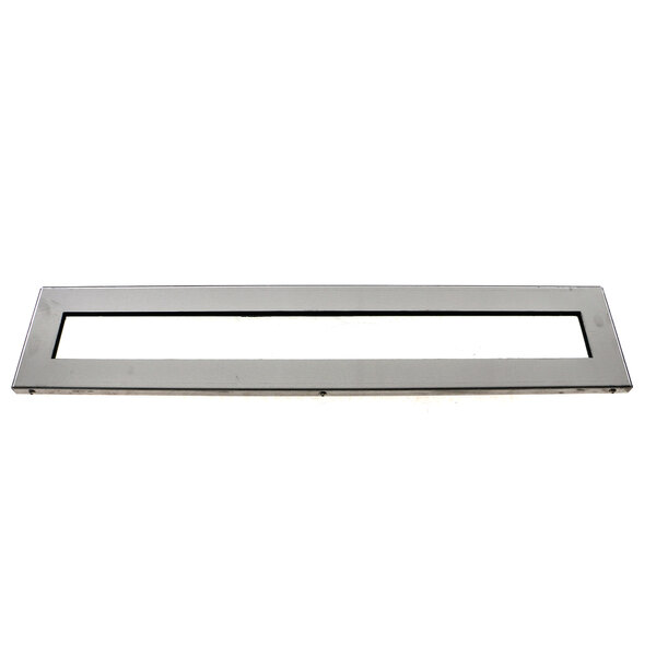 A rectangular silver metal plate with a square hole.