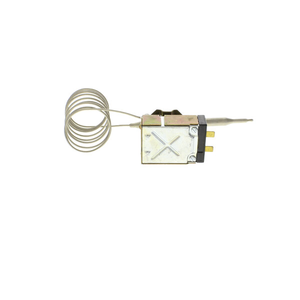 A small metal Pitco thermostat with a wire attached.