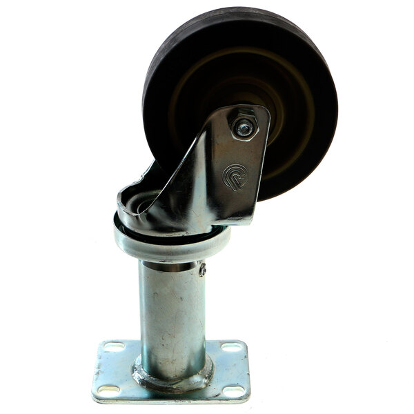 A black and metal caster wheel.