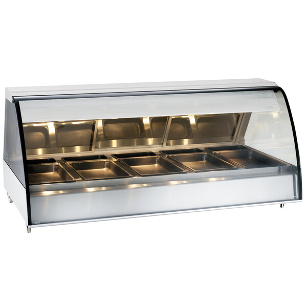 A stainless steel Alto-Shaam countertop heated display case with curved glass over trays.