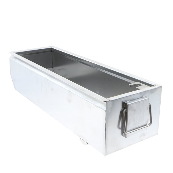 A stainless steel metal container with a handle and a lid.