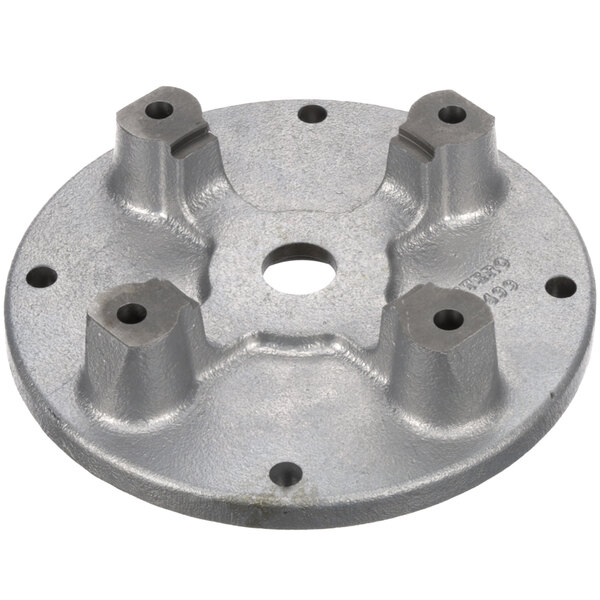 A round metal Stero end bell with four holes.