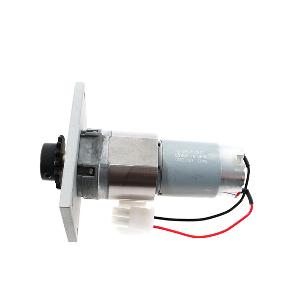 A small electric motor with red and white wires.