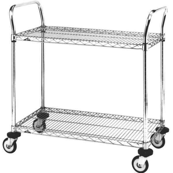 A Metro standard duty chrome utility cart with two shelves and wheels.