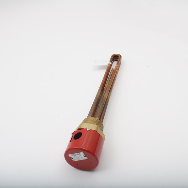A red and gold metal pipe with a red cap on a Legion heater.