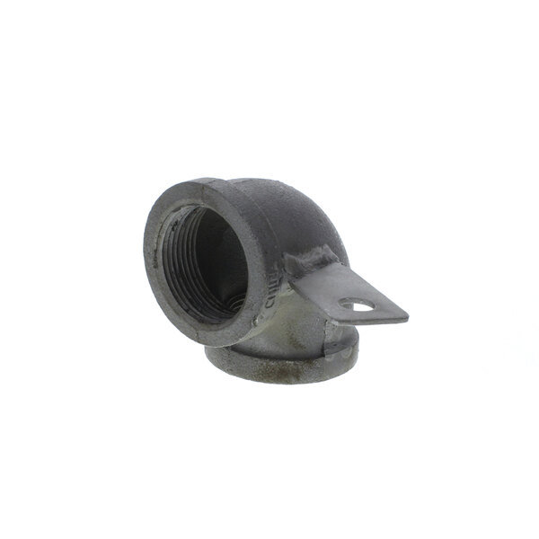 A black metal pipe fitting with a metal cap on the end.