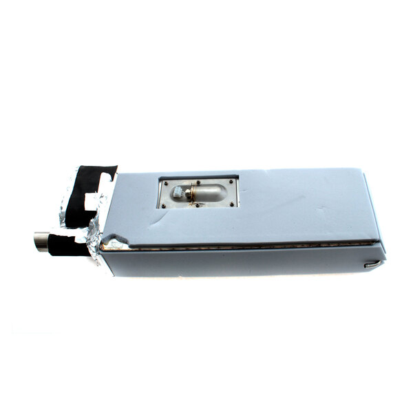A silver rectangular device with a small hole in it.