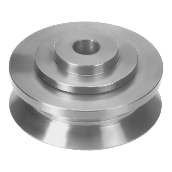 A stainless steel Convotherm guide roller with a circular hole in the center.