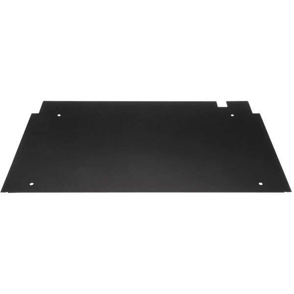 A black rectangular metal cover with holes.