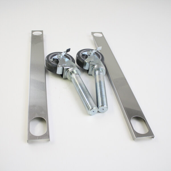A pair of metal brackets with bolts and nuts on them on a white surface.