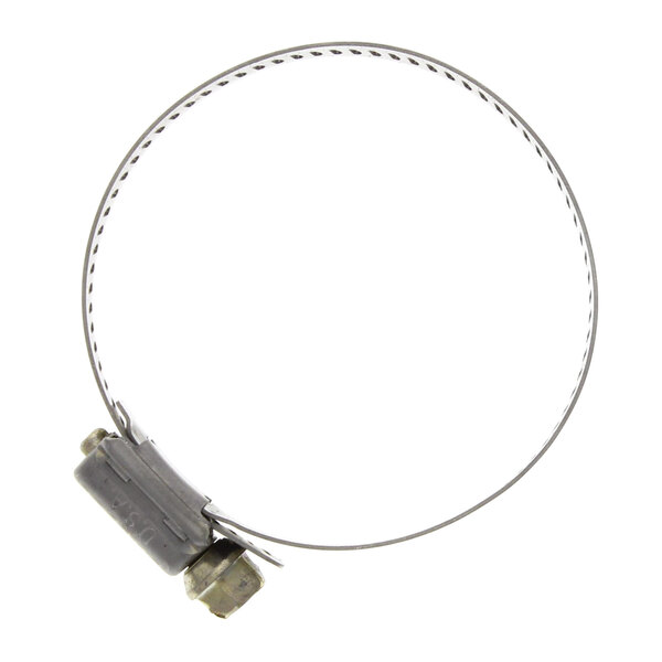 A stainless steel wire with a metal clamp and nut.