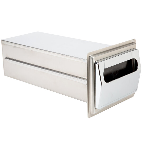 A stainless steel Vollrath in-counter napkin dispenser with a chrome faceplate and a hole in the middle.