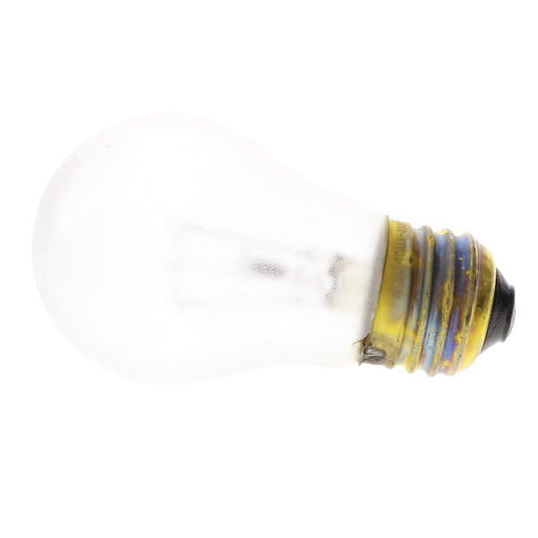 A close-up of a BKI light bulb with a white base and yellow cap.