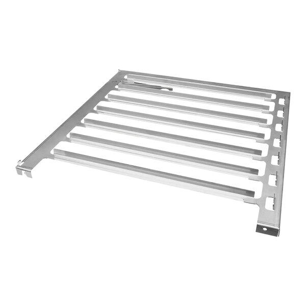 A metal shelf rack with a grid of holes and four bars.