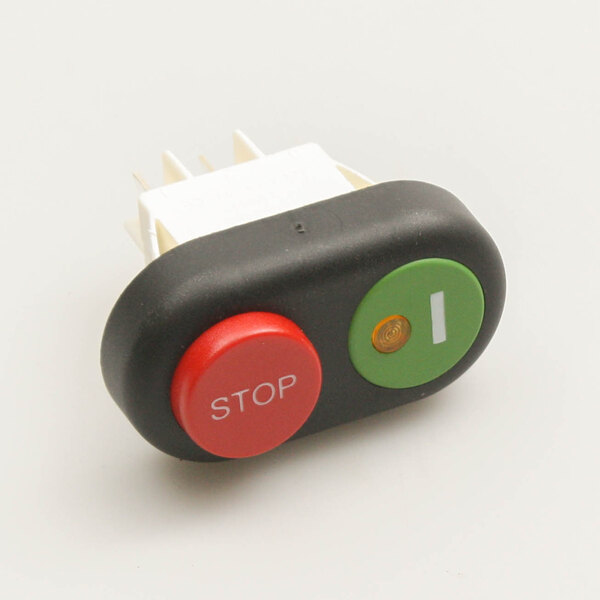 A close-up of a black and green Globe MCR68 power switch button with a stop sign.