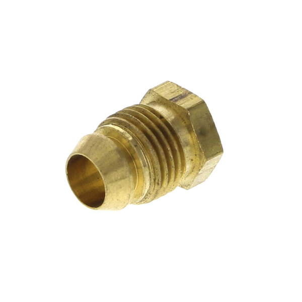 A brass threaded fitting on a white background.