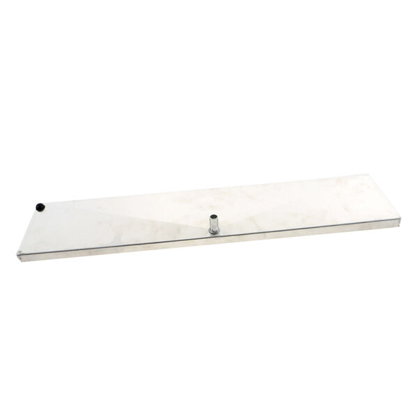 A white metal rectangular drain pan with a hole.