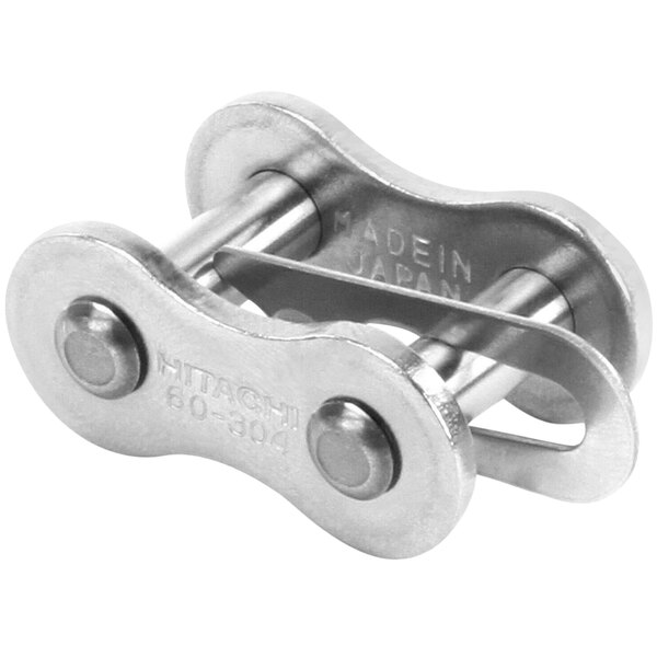 A pair of stainless steel Stero chain master links.