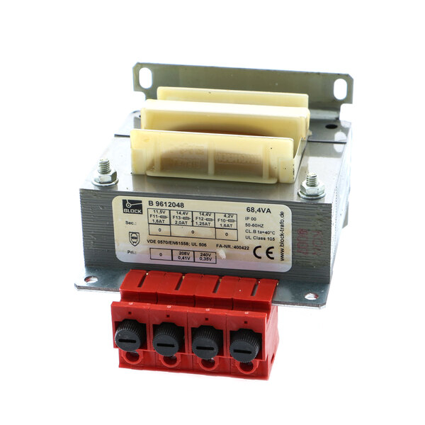 A close-up of a red Rational Control Transformer with two switches.
