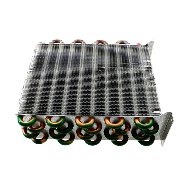A Beverage-Air condenser coil with green and red metal rings.
