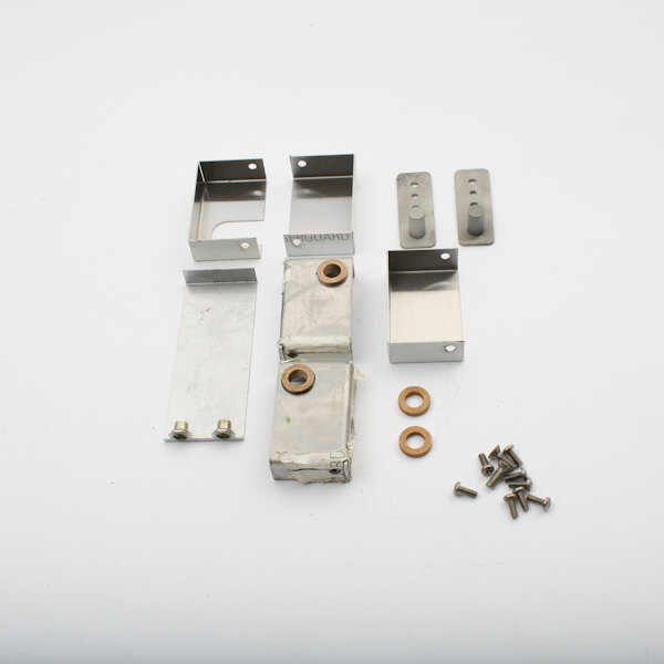 A Lang hinge kit with metal parts and screws.