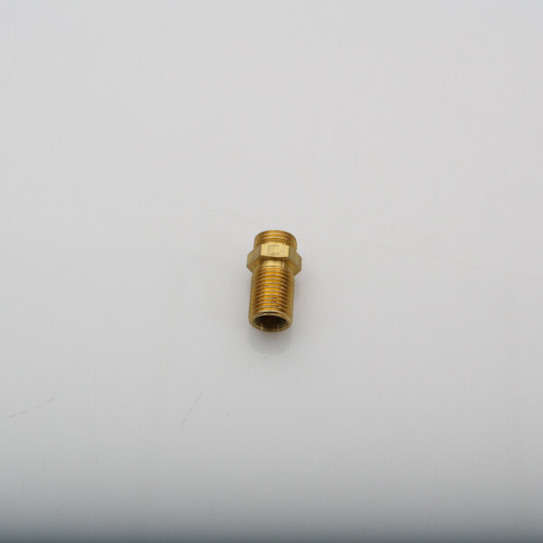A brass threaded fitting on a white surface with a Bakers Pride Spud Holder.