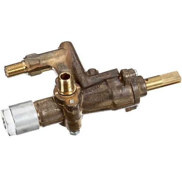 A close-up of a brass Bakers Pride multicock gas valve with a screw.