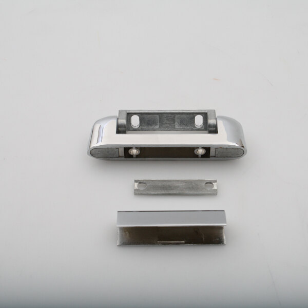 A silver metal Component Hardware hinge with two screws on a white surface.